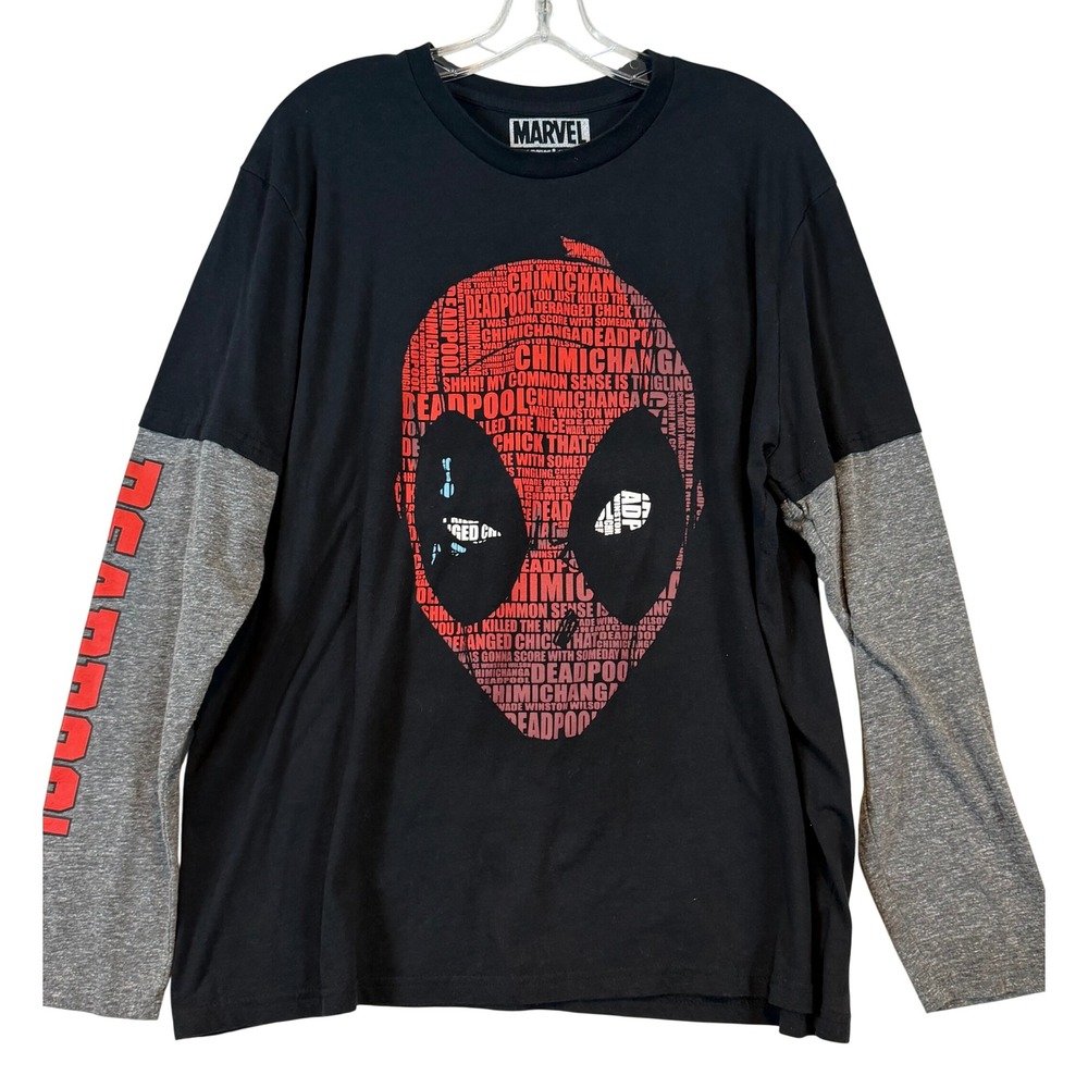 Marvel Deadpool Long Sleeve Graphic Tee Black Grey Mask Men 2XL Typography Comic